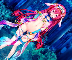 absurdres areolae blush braid breast_grab breasts censored embarrassed female forest game_cg grass highres legs long_hair lots_of_jewelry masturbation mayoeru_futari_to_sekai_no_subete_love_heaven_300_percent mizunomiya_nana mosaic_censoring navel nipples open_mouth purple_eyes pussy pussy_juice red_hair small_breasts solo standing standing_masturbation tears thighs trees wet youta