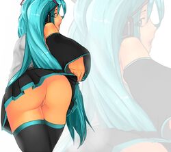 34no404 aqua_eyes aqua_hair ass black_legwear detached_sleeves female hatsune_miku headphones long_hair looking_back no_panties pleated_skirt pussy skirt skirt_lift solo thighhighs uncensored very_long_hair vocaloid zettai_ryouiki zettai_ryouiki(skirt) zoom_layer