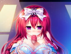 absurdres blush bra braid breast_squeeze breasts censored cleavage fellatio female game_cg hairband highres large_breasts long_hair mayoeru_futari_to_sekai_no_subete_love_heaven_300_percent mizunomiya_nana mosaic_censoring open_clothes oral paizuri penis purple_eyes red_hair saliva solo_focus youta