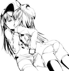 2girls akatsuki_(kantai_collection) ass blush crotch_seam female fingering french_kiss hand_in_another's_panties hand_in_panties hat hibiki_(kantai_collection) kantai_collection kissing long_hair midriff monochrome multiple_girls navel panties pantyhose school_uniform serafuku takatsuki_(kantai_collection) tears thighband_pantyhose thighhighs underwear verniy_(kantai_collection) yunoka_gashu yuri