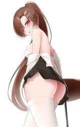 1girls annoyed ass ass_focus back_view bare_ass bare_back bare_butt bare_shoulders below_view big_breasts blush blushing breasts brown_hair butt butt_focus exposed_ass exposed_back exposed_butt exposed_shoulders female hairclip harukatsu hi_res highres indie_virtual_youtuber leggings legwear long_hair long_ponytail looking_annoyed looking_at_viewer looking_back looking_down pink_eyes ponytail sideboob solo solo_female solo_focus stockings table thigh_squish thighhighs thighs vaughnilla viewed_from_behind viewed_from_below virtual_youtuber white_background white_legwear