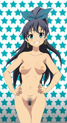 ahoge aqua_eyes black_hair blush breasts earrings female ganaha_hibiki grin hair_ornament hair_ribbon hands_on_hips high_ponytail idolmaster jewelry long_hair navel nipples nude ponytail pubic_hair pussy ribbon signature smile solo starry_background tied_hair uncensored vzmk2