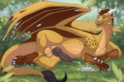 absurd_res anthro bodily_fluids cum cumshot dragon ejaculation feral fridaflame genital_fluids genitals hands-free hi_res knot knotted_penis male marram_(dirtyeyes) mythological_creature mythological_scalie mythology penis presenting presenting_penis sandwing_(wof) scalie solo spontaneous_ejaculation wings_of_fire