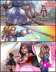 2015 2girls ahri animal_ears black_hair blonde_hair blue_eyes bodysuit cameltoe charm_(league_of_legends) cleavage comic dress english_text facial_markings female female_only final_spark fur furry_tail humanoid kumiho large_breasts league_of_legends luxanna_crownguard magic multiple_girls multiple_tails page_1 riot_games shia_(artist) shocked shocked_eyes spoken_exclamation_mark staff surprised tail translucent_clothing transparent_clothing vastaya whisker_markings yellow_eyes yuri