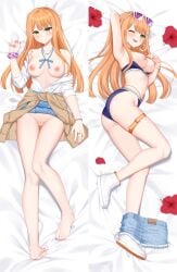 :d ;d arm_up armpits ass bar_censor bare_legs barefoot bed_sheet bikini bikini_bottom_under_shorts bikini_top_pull bikini_under_clothes blue_bikini blue_skirt blush breasts brown_cardigan cardigan cardigan_around_waist censored cleft_of_venus clothes_around_waist clothes_lift commentary dakimakura_(medium) denim denim_shorts eyewear_on_head female fingernails flower gakuen_idolmaster green_eyes groin hatsuboshi_gakuen_school_uniform highres idolmaster kimi_to_semi_blue_(idolmaster) kurisu-kun looking_at_viewer medium_breasts mole mole_under_eye multiple_views nail_polish nipples no_bra no_pants official_alternate_costume one_eye_closed open_clothes open_shirt orange_hair pleated_skirt presenting_armpit purple-tinted_eyewear pussy red_flower school_uniform scrunchie shirt shiun_sumika shoes short_shorts shorts shorts_around_one_leg skirt skirt_lift smile sweater_around_waist swimsuit thigh_gap tinted_eyewear toenail_polish toenails white_shirt white_shoes wrist_scrunchie