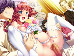 areolae bare_shoulders blue_eyes blush bouquet breasts bridal_veil bride brown_hair censored clothing exhibitionism female flower game_cg garter_belt garter_straps gloves held_up highres legs legs_up long_hair looking_down mosaic_censoring navel nipples no_panties open_mouth penis play!_play!_play!_shi pregnant public pussy saliva sex smile spread_legs thighhighs thighs tied_hair twintails vaginal_penetration wazakita wedding wedding_dress