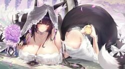 animal_ear_fluff animal_ears azur_lane bare_shoulders barefoot black_hair blush breasts choker cleavage closed_mouth collarbone dress female flower fox_ears fox_girl fox_tail hair_ornament hat huge_breasts jewelry large_breasts long_hair looking_at_viewer lying musashi_(azur_lane) musashi_(purest_wisteria)_(azur_lane) petals smile solo strapless strapless_dress sun_hat tail very_long_hair wedding_dress white_dress witch_hat yellow_eyes