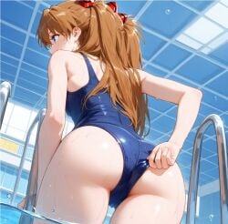 ai_generated ass asuka_langley_sohryu blue_eyes blue_one-piece_swimsuit indoors neon_genesis_evangelion orange_hair swimming_pool