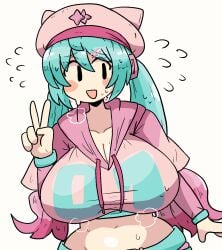 1girls big_breasts blue_hair breasts cleavage clothed_female fortnite hat hatsune_miku hatsune_miku_(fortnite) hoodie mob_face mole_on_breast notnoe_(dxcl) peace_sign solo solo_female sweat sweaty_body twintails vocaloid white_background