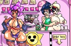 bibi_(brawl_stars) brawl_stars breasts_milk jelly_bread_ lumi_(brawl_stars) milk milking milking_breasts milkshake purple_hair shelly_(brawl_stars) working