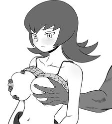 blush breast_grab breasts female gooberman gym_leader human male monochrome nipples peanutman pokemon pokemon_hgss pokemon_rgby sabrina_(pokemon) sabrina_(pokemon_hgss) straight