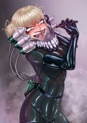 blonde_hair blood breasts covered_in_blood crazy_eyes crazy_girl fangs female female_focus female_only himiko_toga knife latex latex_armwear latex_bodysuit latex_suit licking_blood long_gloves mr.bones22 my_hero_academia rubber rubber_clothing rubber_suit see-through_clothing sharp_teeth short_hair smile squish yandere yellow_eyes