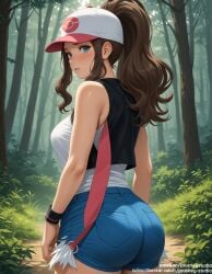 ai_generated arms_at_sides ass bangs bare_arms bare_shoulders baseball_cap black_vest blue_eyes blue_shorts blush breasts brown_hair closed_mouth clothing cowboy_shot cutoffs day denim denim_shorts eyelashes female female female_only forest from_behind grass hat headwear high_ponytail hilda_(pokemon) jousneystudio large_breasts long_hair looking_at_viewer looking_back nature nintendo outdoors parted_lips patreon_username pokemon pokemon_(game) pokemon_black_&_white pokemon_bw pokemon_character ponytail protagonist_(pokemon) shiny shirt short_shorts shorts sideboob sidelocks sleeveless sleeveless_shirt solo standing sweat tank_top thick_thighs thighs tied_hair tree vest white_shirt wristband