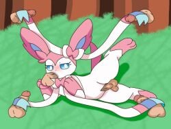 background ball_grab balls ballsack blowjob blush disembodied_penis eeveelution eeveelution_squad fellatio forest_background nintendo penis penis_in_mouth penis_in_pussy pokemon pokephilia silvia_(eeveelution_squad) sylveon vaginal_penetration