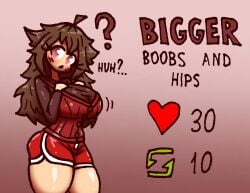 ass big_ass big_breasts booty_shorts breast_expansion breasts brown_hair butt_expansion clothes donation_drive hip_expansion kromarrus short_shorts thicc_thighs thigh_expansion thighs wide_hips