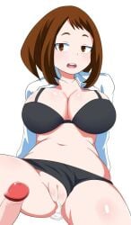 1girls ai_generated bra breasts my_hero_academia ochako_uraraka panties panties_aside sitting solo