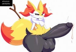 absurd_res ai_generated anthro balls big_balls big_penis blush bodily_fluids braixen canid canine cum ejaculation erection fur generation_6_pokemon genital_fluids genitals girly heart hellsonger hi_res huge_balls huge_cock huge_hips huge_thighs hyper hyper_balls hyper_genitalia hyper_penis inner_ear_fluff male mammal nintendo penis pokemon pokemon_(species) simple_background smile solo sweat thick_thighs tuft white_background wide_hips