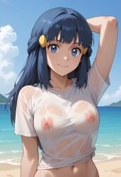 ai_generated blue_eyes blue_hair dawn_(pokemon) nipples see-through wet_clothes