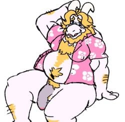 anthro apolonoise asgore_dreemurr blonde_hair body_hair boss_monster_(undertale) bovid caprine chest_hair clothed clothing foreskin genitals hair male male_anthro mammal open_clothing open_shirt open_topwear pecs_with_breasts penis shirt solo topwear undertale