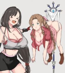 aerith_gainsborough bra final_fantasy hanging_wedgie laughing pout tifa_lockhart wedgie white_panties