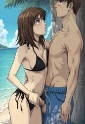 ai_generated beach black_bikini breast_press brown_hair female handjob initial_d kyoko_iwase looking_at_another looking_up medium_breasts medium_hair motion motion_blur penis purple_eyes standing standing_breast_press_handjob testicles