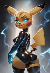 ai_generated anthro ass bulge electricity futanari gloves latex pikachu pokemon rear_view thighhighs