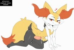 ai_generated anthro balls blush bodily_fluids braixen canid collar cum ear_piercing erection fur generation_6_pokemon genital_fluids genitals girly heart hellsonger hi_res humanoid_genitalia humanoid_penis inner_ear_fluff jewelry looking_at_viewer male mammal nintendo penis piercing pokemon pokemon_(species) precum red_eyes simple_background smile solo thick_thighs tuft white_background white_body white_fur yellow_body yellow_fur