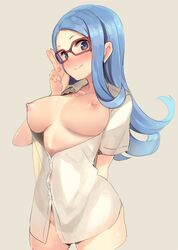 adjusting_glasses atago_kinue blue_eyes blue_hair blush bottomless breasts dress_shirt female glasses jpeg_artifacts long_hair naked_shirt nipple open_clothes open_shirt paseri photoshop red-framed_glasses saki shiny shiny_skin shirt solo standing