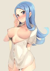 areolae atago_kinue blue_eyes blue_hair blush bottomless breasts breasts_out dress_shirt female large_breasts long_hair naked_shirt nipples open_clothes open_shirt paseri photoshop saki shiny shiny_skin shirt solo standing