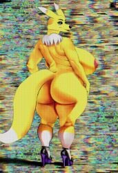 anthro ass bandai_namco big_(disambiguation) breasts bubble_butt clothing digimon digimon_(species) eyeshadow female fluxdivided footwear hi_res high_heels makeup nipples renamon shoes solo tail