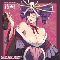 1girls big_breasts bleach bleach:_the_thousand-year_blood_war breast_focus breasts busty cleavage curvy exposed_shoulders eyepatch female female_only huge_breasts katen_kyoukotsu kimono kimono_pull lipstick mature_female one_eye_obstructed purple_hair richardsuwono shoulders skull_and_crossbones solo twintails zanpakutou_spirit