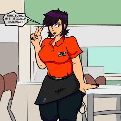 ablazemosquit0 fast_food_employee fast_food_uniform goth goth_girl looking_at_viewer mall oc original_character speech_bubble