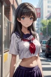 1girls ai_generated belly black_hair light-skinned_female light_skin midriff navel open_clothes red6161 school_uniform schoolgirl solo solo_female teenage_girl