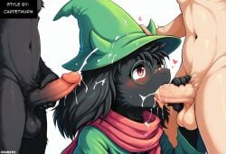 ai_generated anthro anthro_penetrated balls black_body black_fur blush bodily_fluids bovid clothed clothing cum cum_in_mouth cum_inside deltarune erection eyewear faceless_character faceless_male fellatio fur genital_fluids genitals glans glasses goat green_clothing green_hat green_headwear group group_sex hat headgear headwear heart hellsonger hi_res human human_on_anthro human_penetrating_anthro humanoid_genitalia humanoid_penis interspecies male male/male male_on_anthro mammal oral oral_penetration penetration penile penis ralsei robe scarf sex simple_background threesome trio undertale_(series) white_background