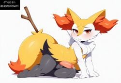 ai_generated anthro balls blush bodily_fluids braixen canid collar cum ear_piercing erection fur generation_6_pokemon genital_fluids genitals girly heart hellsonger hi_res humanoid_genitalia humanoid_penis inner_ear_fluff jewelry looking_at_viewer male mammal nintendo penis piercing pokemon pokemon_(species) precum red_eyes simple_background smile solo thick_thighs tuft white_background white_body white_fur yellow_body yellow_fur