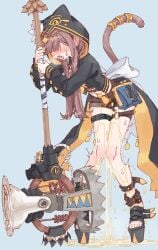 1girls arknights blush cat_ears cat_tail hammer intense_blushing jacket looking_pleasured pee_puddle peeing peeing_self pepe_(arknights) puddle relief rune_(dualhart) shorts weapon