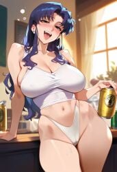 2d ai_generated beer beer_can big_breasts drunk female female_focus female_only indoors long_hair misato_katsuragi neon_genesis_evangelion panties purple_hair solo solo_female solo_focus tagme tank_top