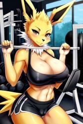 abs ai_generated cameltoe cleavage dumbell game_freak gym jolteon medium_breasts nipple_bulge nipples_visible_through_clothing perchance_ai pokemon pokemon_rgby shorts sports_bra thick_thighs yellow_fur