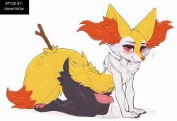 ai_generated anthro balls blush bodily_fluids braixen canid collar cum ear_piercing erection fur generation_6_pokemon genital_fluids genitals girly heart hellsonger hi_res humanoid_genitalia humanoid_penis inner_ear_fluff jewelry looking_at_viewer male mammal nintendo penis piercing pokemon pokemon_(species) precum red_eyes simple_background smile solo thick_thighs tuft white_background white_body white_fur yellow_body yellow_fur