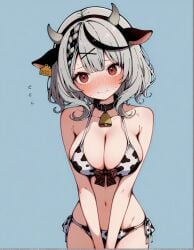 absurdres animal_ears animal_print bell bikini braid breasts collar cow_ears cow_horns cow_print earrings embarrassed female grey_hair highres hololive horns incredibly_absurdres jewelry large_breasts medium_hair metadata_request multicolored_hair neck_bell non-web_source red_eyes ribbon sakamata_chloe self-upload side-tie_bikini_bottom solo streaked_hair swallowgum swimsuit