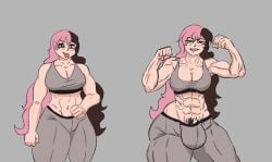 abs big_penis brown_eyes brown_hair bulge dickgirl futanari heterochromia multicolored_hair muscular muscular_female neo_(rwby) omnioni pink_eyes pink_hair pubic_hair rwby solo_futa workout_clothes