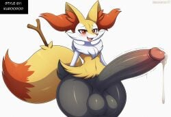 absurd_res ai_generated anthro balls big_balls big_penis blush bodily_fluids braixen canid canine cum ejaculation erection fur generation_6_pokemon genital_fluids genitals girly heart hellsonger hi_res huge_balls huge_cock huge_hips huge_thighs hyper hyper_balls hyper_genitalia hyper_penis inner_ear_fluff male mammal nintendo penis pokemon pokemon_(species) simple_background smile solo sweat thick_thighs tuft white_background wide_hips