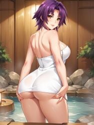 ai_generated ass azuma_marina big_breasts grabbing_ass isogil kashidashi_tsuma_marina_no_"netorase"_houkoku_binkan_tsuma_to_zetsurin_daigakusei looking_at_viewer nude onsen purple_hair towel water yellow_eyes