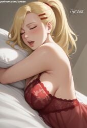 ai_generated bed bedroom blonde_female blonde_hair closed_eyes cute innocent ino_yamanaka naruto naruto_(series) naruto_shippuden nightgown red_lingerie sleep sleeping solo solo_female tyrvax