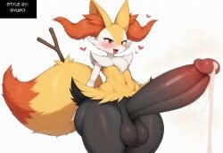 absurd_res ai_generated anthro balls big_balls big_penis blush bodily_fluids braixen canid canine cum ejaculation erection fur generation_6_pokemon genital_fluids genitals girly heart hellsonger hi_res huge_balls huge_cock huge_hips huge_thighs hyper hyper_balls hyper_genitalia hyper_penis inner_ear_fluff male mammal nintendo penis pokemon pokemon_(species) simple_background smile solo sweat thick_thighs tuft white_background wide_hips