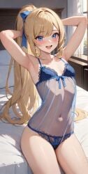 1girls adorable ai_generated armpits arms_behind_head arms_up background bangs bare_arms bare_legs bare_shoulders bare_thighs bed bed_sheet bedroom belly belly_button belly_button_visible_through_clothing big_eyes blonde_female blonde_hair blonde_hair blonde_hair_female blue_eyes blue_lingerie blue_ribbon blue_underwear blush bow_ribbon bra breasts collarbone commentary_request curtains cute eyebrows eyebrows_visible_through_hair eyelashes female female_focus female_only flat_chest flat_chested girly hair hair_ribbon happy happy_female high_ponytail indoors inside lace lace-trimmed_bra lace-trimmed_panties lace_trim lia_the_busty_redhead lingerie long_bangs long_hair long_lashes long_ponytail midriff navel navel_visible_through_clothes original original_character panties petite petite_body petite_female petite_girl ponytail pose ribbon seductive see-through see-through_clothing self_upload sitting sitting_on_bed slim_girl small_breasts smile smiling solo solo_female solo_focus suggestive tagme thighs tied_hair underwear window