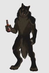 4_toes 5_fingers adokah_(character) alcohol animal_genitalia anthro athletic athletic_anthro athletic_male balls beer beer_bottle beverage black_claws black_lips black_nose bottle broad_shoulders brown_body brown_fur brown_pawpads canid canine canine_sheath canis cheek_tuft chest_scar chest_tuft chin_tuft claws container digitigrade facial_tuft fangs feet finger_claws fingers flat_colors fluffy fluffy_fur fluffy_tail fur genitals happy hi_res holding_beer holding_beer_bottle holding_bottle holding_container holding_object inner_ear_fluff lips looking_at_viewer male mammal mane multicolored_body multicolored_fur neck_tuft nude open_mouth pawpads paws pecs scar sharp_teeth sheath simple_background skullsbesan smile solo standing tail teeth toe_claws toes tongue tuft white_background wolf yellow_eyes