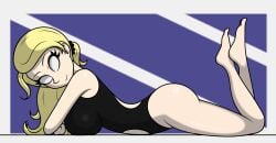 1girls big_ass big_breasts black_swimsuit blonde_hair bloodydrawings don't_starve laying_on_stomach light-skinned_female looking_at_viewer smile swimsuit wendy_(don't_starve) wendy_carter white_eyes