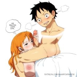 1boy 1boy1girl 1girls areolae ball_fondling balls big_breasts black_hair blush breasts completely_nude couple female handjob heart-shaped_pupils holding_penis long_hair male monkey_d_luffy muscular_male nami nipples nude one_piece oral oral_sex pleasure_face scar shampowrado short_hair sitting steam steam_coming_from_ears sucking_balls sweat thought_bubble