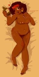 alcohol body_pillow dakimakura dakimakura_design dark-skinned_female dark_skin demoman demoman_(team_fortress_2) demowoman earrings eyepatch female femdemo full_body fully_nude genderbent heart laying_down laying_on_back looking_at_viewer nipple_piercing pubic_hair rule_63 rule_63 rule_63 solo solo_female team_fortress_2